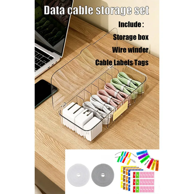 Transparent Charger Organizer Box, Desktop Cable Management Kit with Cable Marker Labels & Hook and Loop Straps