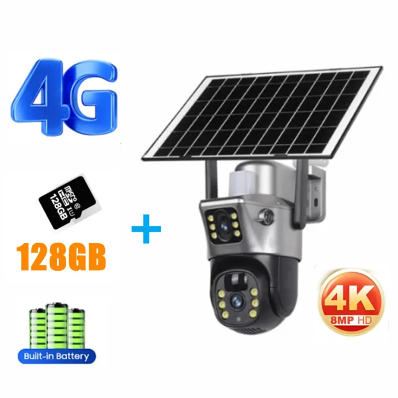 Tahlitech Solar Camera 4G Sim Outdoor Dual Lens WiFi 8MP 4K IP Camara Zonnepaneel CCTV Beveiliging Ingebouwde batterij PIR Cam V380