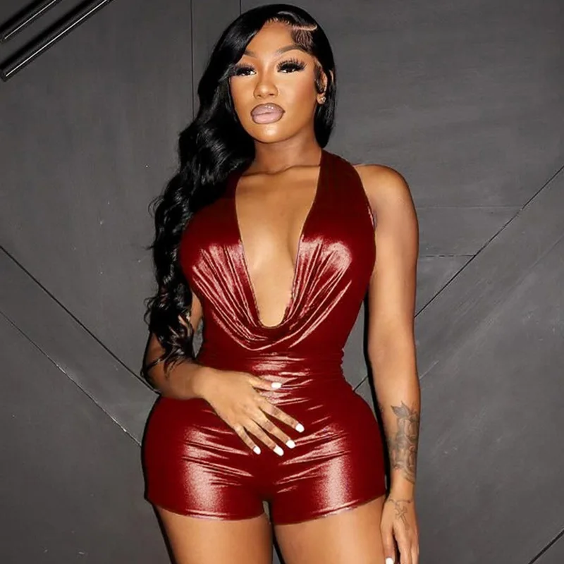 أنيق سيدة بولي Leather الجلود بلايسوت 2025 الصيف النساء الرسن الخامس الرقبة عارية الذراعين Bodycon بلون مثير نادي حفلة سليم السروال القصير