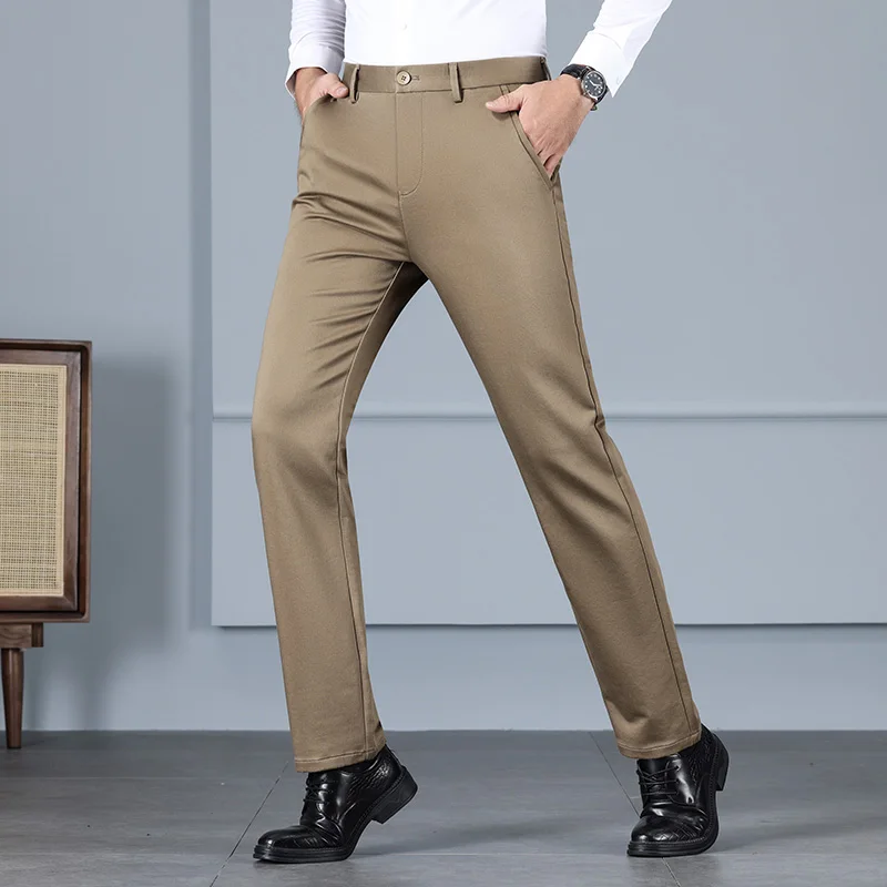 Cotton Elastic Suit Pants Men's High-End Quality Formal Wear Office Business Loose Straight High Waist Slim Casual Pants