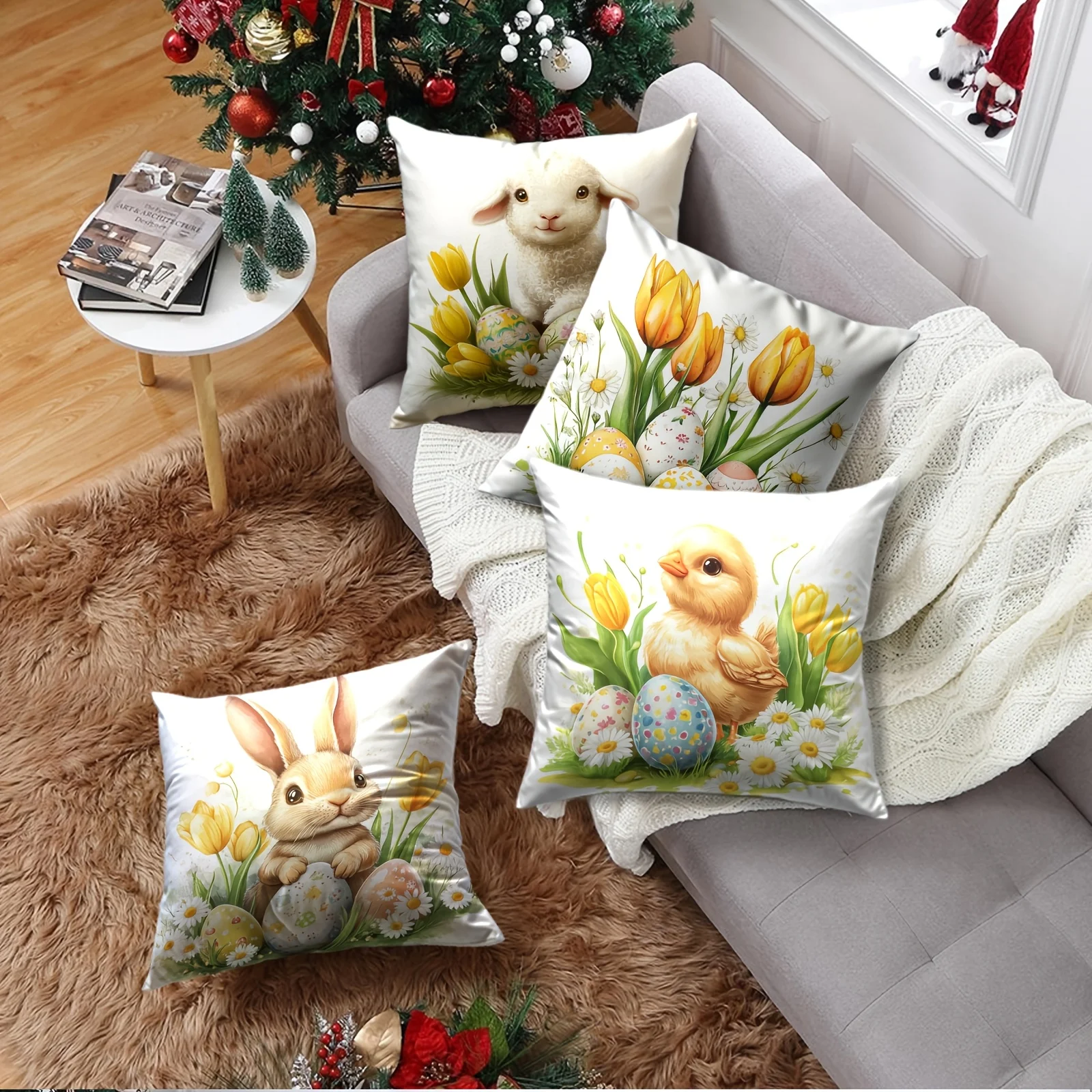 Cute Spring Easter Bunny Chick Lamb Floral Print Pillow Covers Set Watercolor Animal Illustration Home Decor Cushion Shams