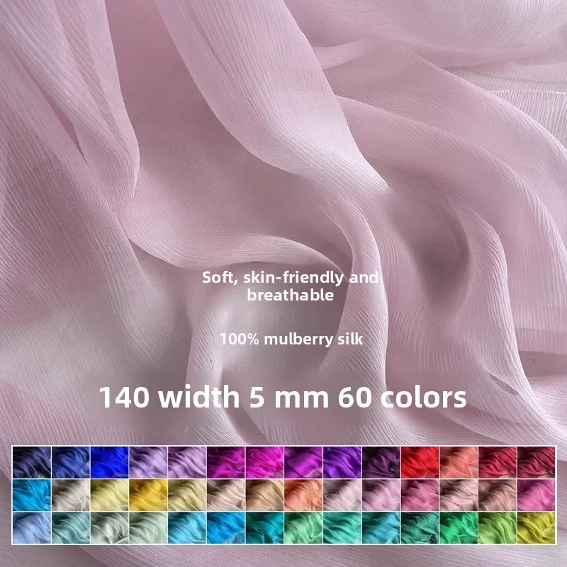140Cm Wide Silk Smooth Georgette Fabrics Thin Transparent Solid Color Pleated Mulberry Silk Dress Fabric Wholesale
