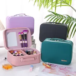 Makeup Case with Mirror Large Capacity PU Cosmetic Box Portable Storage Organizer Solid Color Cosmetic Pouch Toiletry Bag