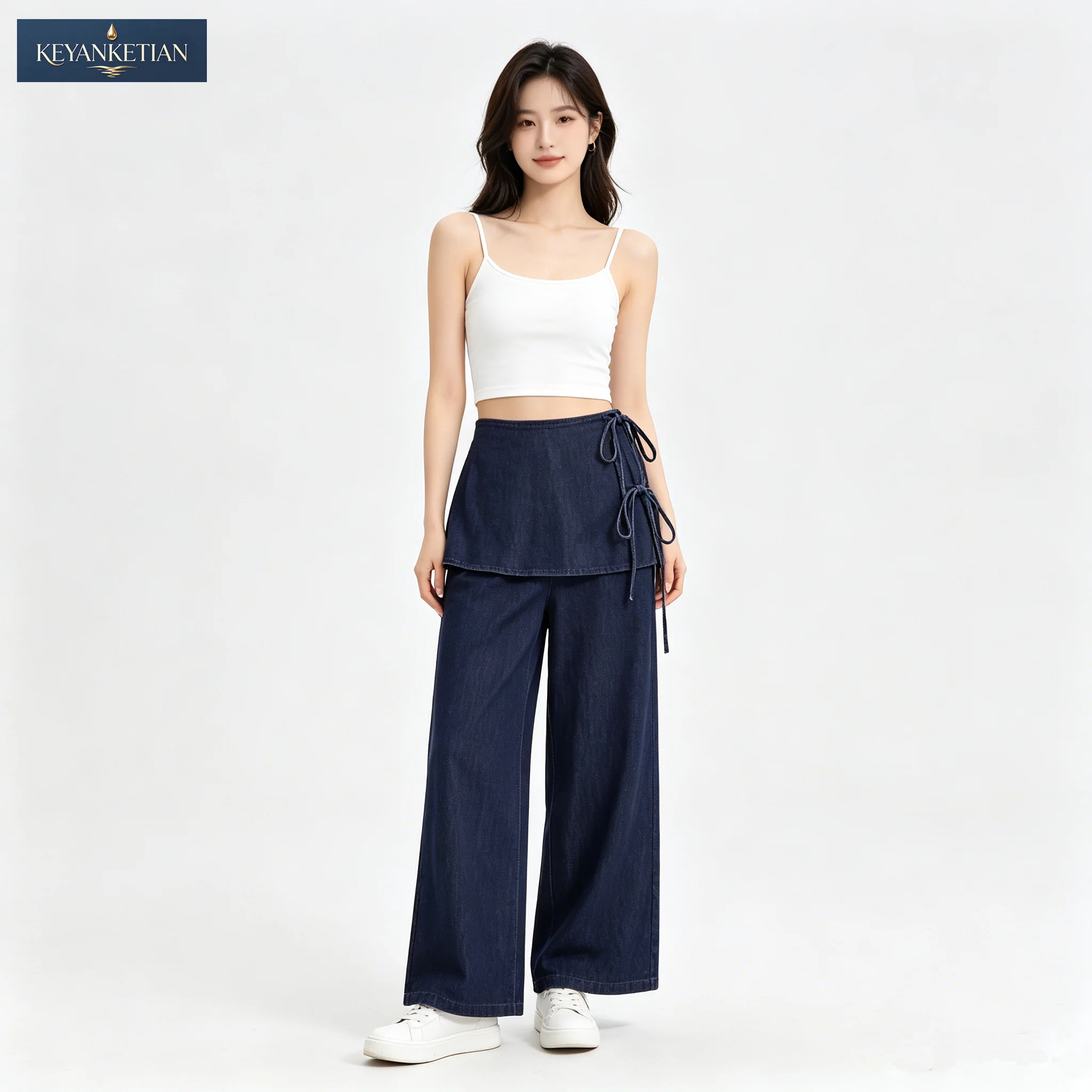 KEYANKETIAN 2026 Vacation Loose Layered Denim Wide Pants Relaxed Fit Skirt Overlay Panel & Adjustable Side Tie Detail Jeans