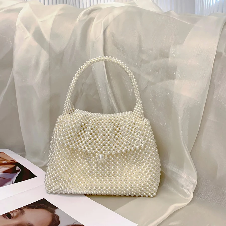 Beaded Woven Tote Bags for Women Pearl Purses and Handbag Ladies Wedding Evening Party Hand Bags Holiday Purse Travel Dinner Bag