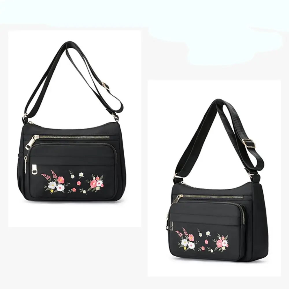 Casual Embroidery Flowers Ladies Crossbody Bag Large Capacity Solid Color Women Handbag Lightweight Zipper Shoulder Bag