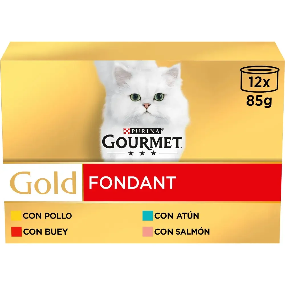 Gourmet Comida Húmeda en Multipack Gold Fondant de Buey, Pollo, Atún, Salmón para Gatos - 12x85 gr