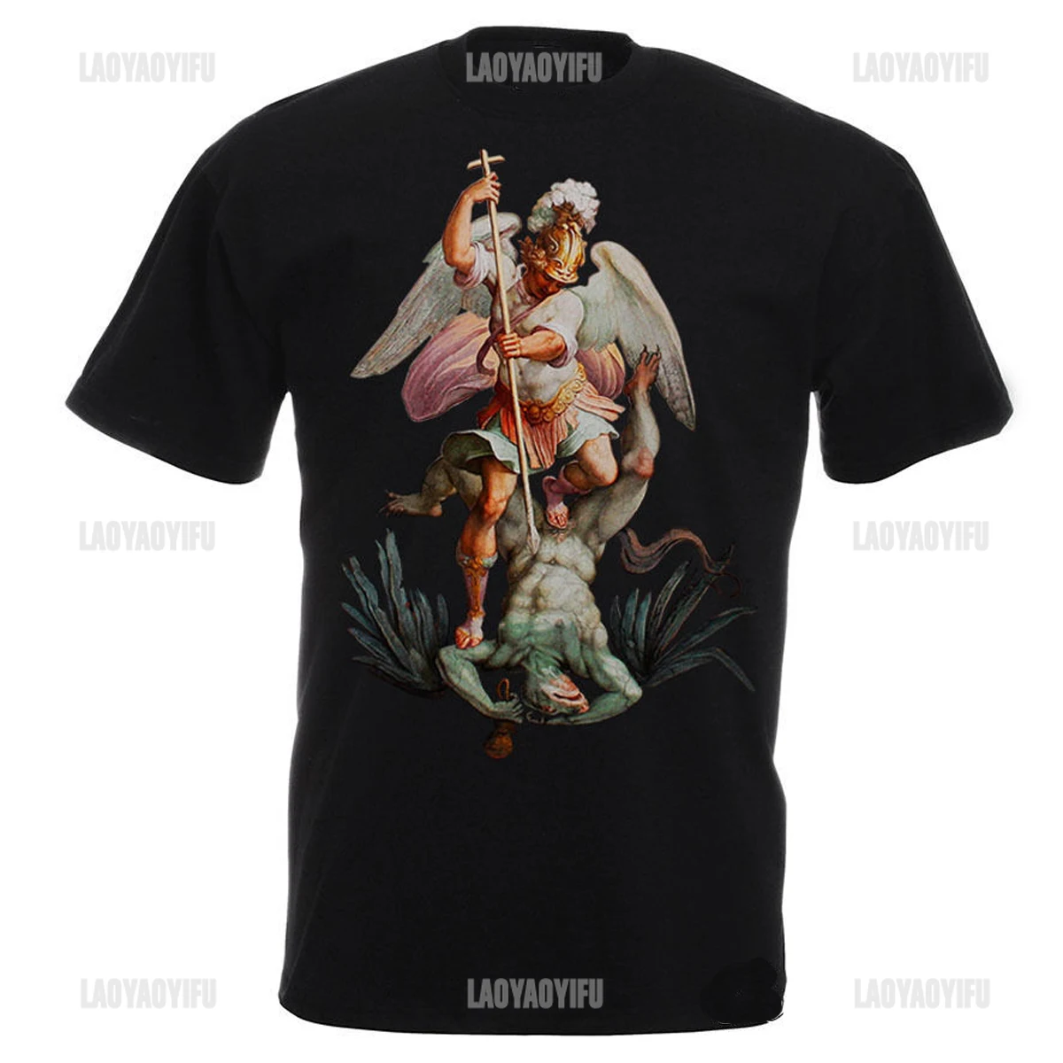 St Michael The Archangel Destroy The Devil Catholic Christians Gift Printed T Shirt Vintage Man Breathable Top Casual T-shirt