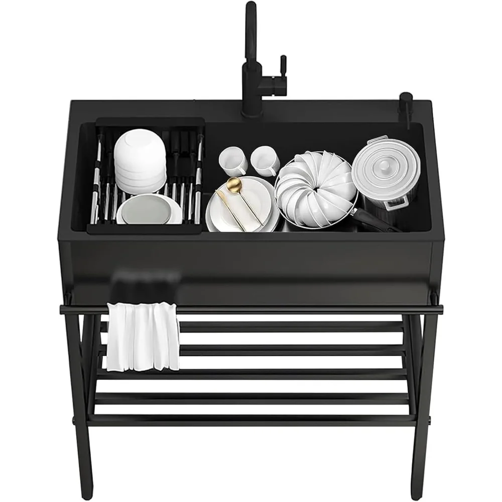 

Large Utility Sink Free Standing Black Kitchen Sinks Cabinet Stainless Steel Garage Kitchenette Laundry Tub W/Faucet for Bar Rv