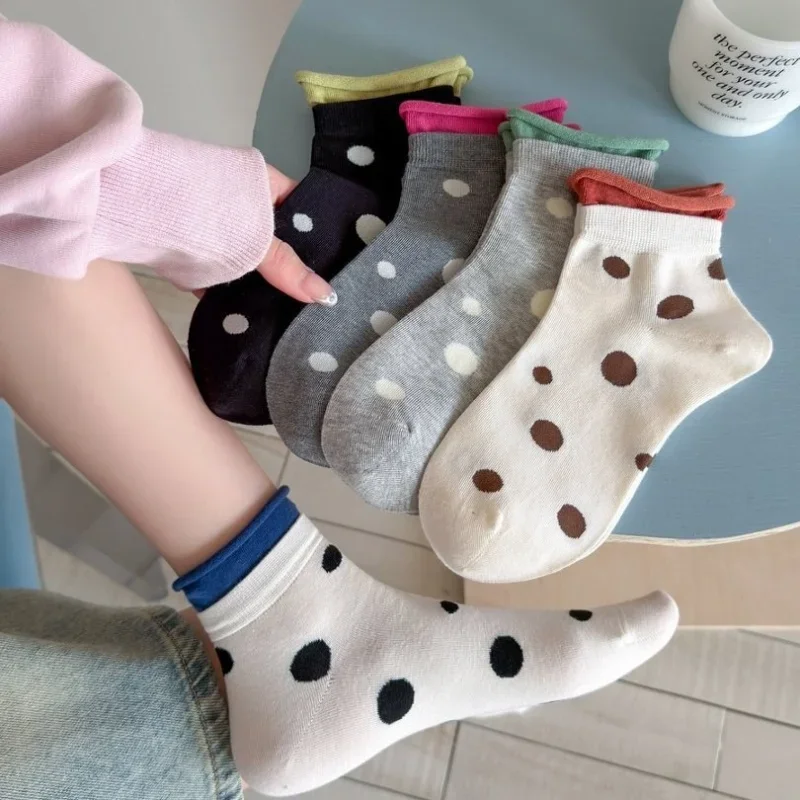 1 par de calcetines tobilleros de mujer con estampado de lunares, doble canalé, finos, con contraste de color, para primavera y verano, calcetines informales, talla europea 35-41, talla estadounidense 5-10.
