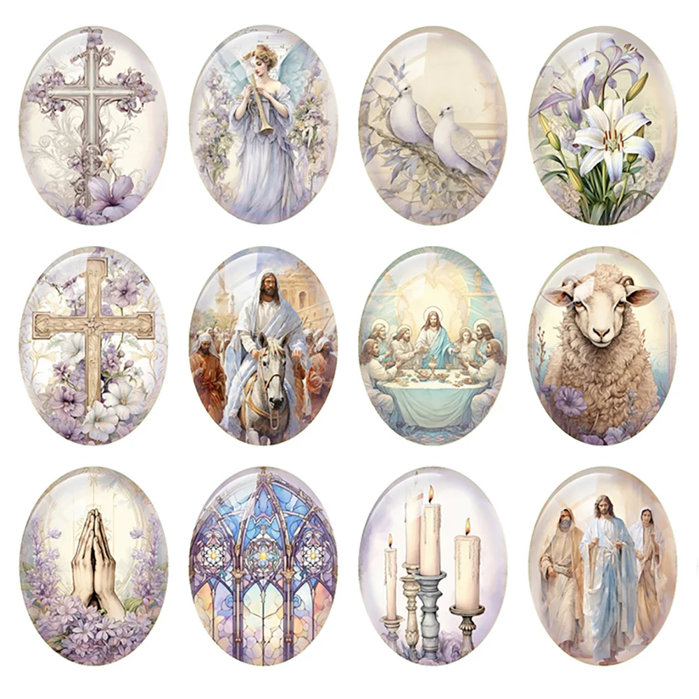 Random Mixed Round/Oval/Square Easter Jesus Cross Goat Photo Glass Cabochon Flatback Demo Cameo For Diy Jewelry Making