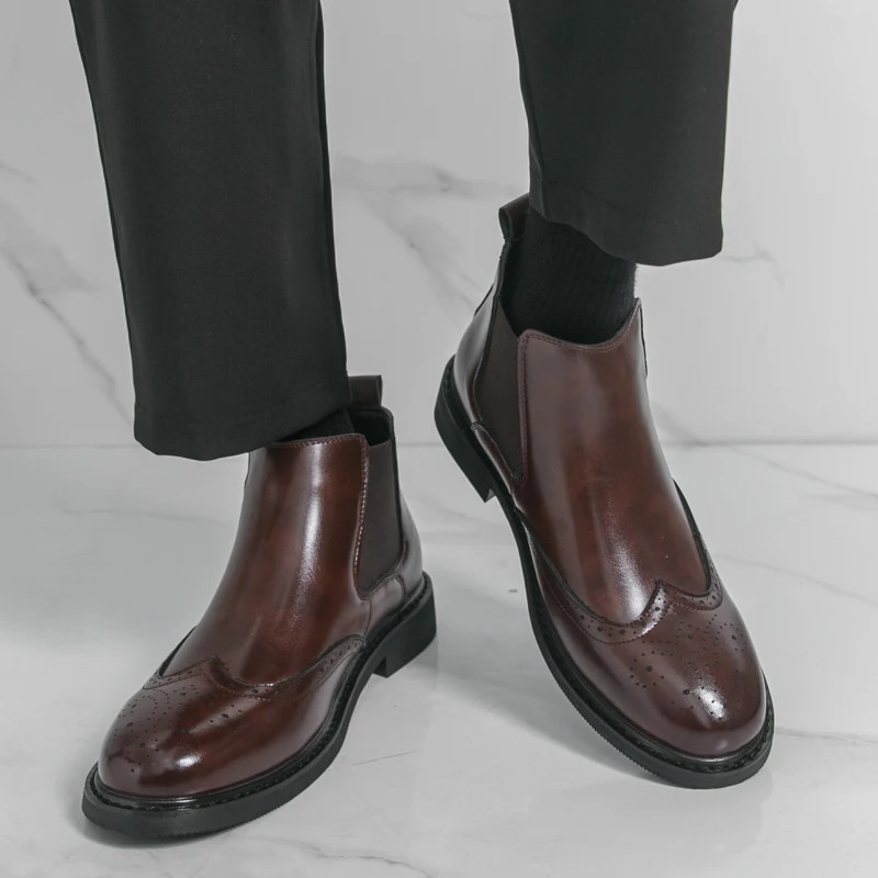 

Men High Top Boots PU Low Heel Block Carved Bare Boots Professional Classic Business Men Boots Size 38-46