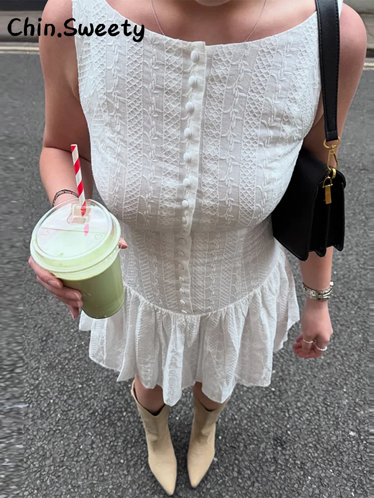 Seksowna haftowana mini plisowana sukienka damska O-neck bez rękawów jednorzędowe wąskie sukienki 2025 letnia dama główna ulica szaty ﻿