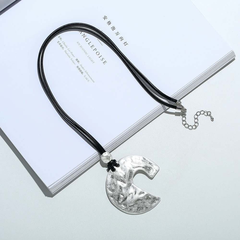 Modern Lunar Necklace - Matte Zinc Alloy Drop Pendant & Adjustable Vegan Cord for Sensitive Skin Minimalist Jewelry