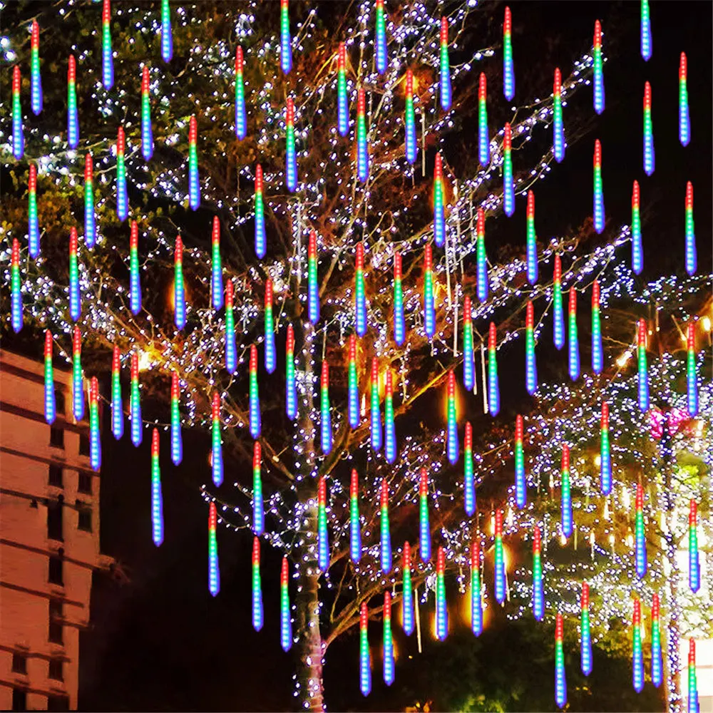 Navidad 2025 الاتحاد الأوروبي التوصيل LED النيزك دش المطر أضواء سقوط قطرة المطر الجنية سلسلة ضوء لقضاء عطلة حفلة فناء ديكور