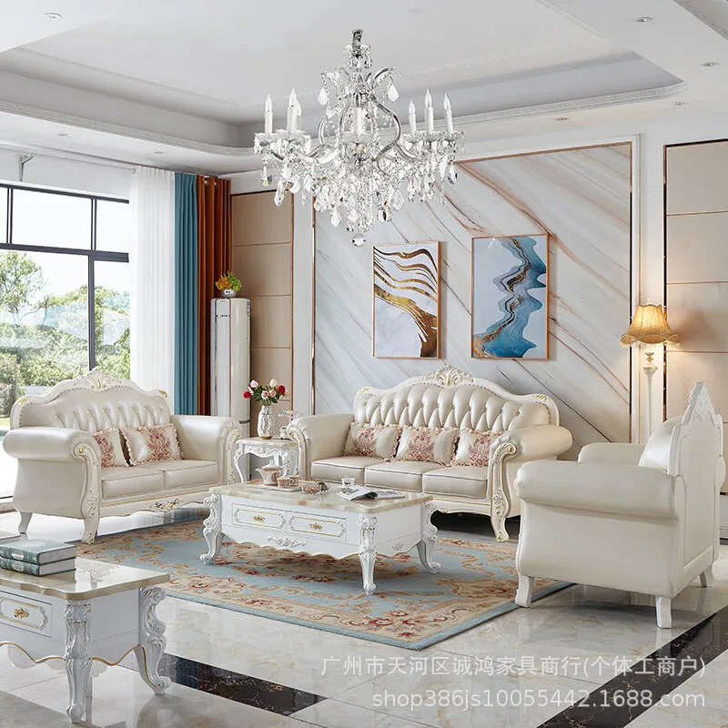 Leather sofa living room size apartment first layer cowhide furniture American carved sofa 123 combination