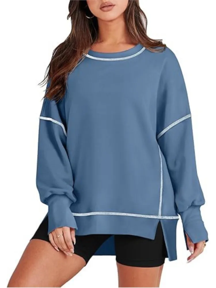 Women Solid Color Casual Round Neck Tops Fashion Side And Sleeve Slit Design Pullovers Autumn Long Sleeve Commute Ladies Outfits