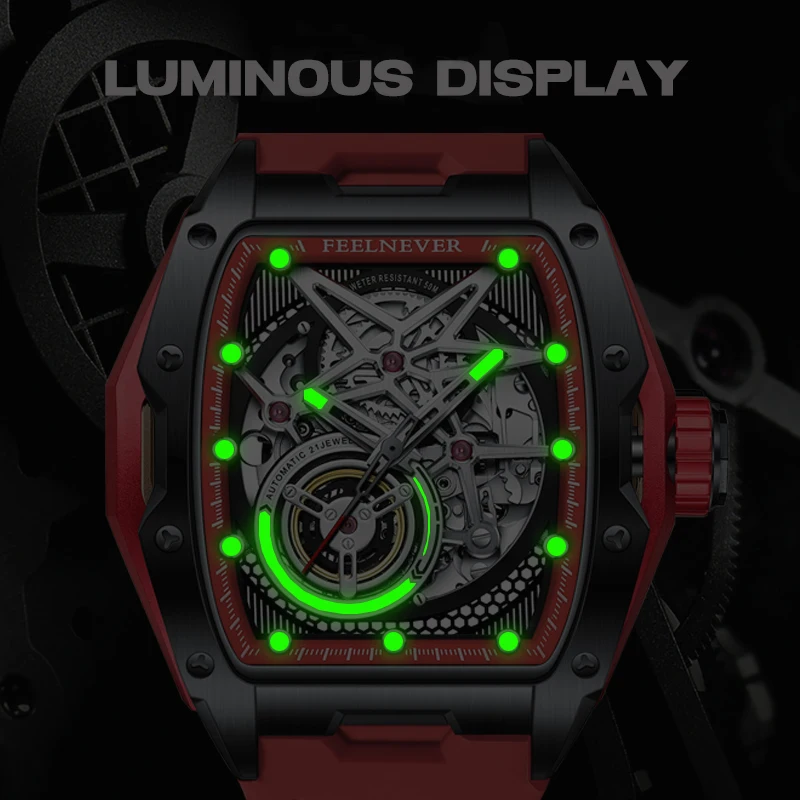 FeelNever Outdoor Casual Sports Mechanical Man Watch 316L Stainless Steel Silicone Waterproof Automatic Movement Watches for Men view 5