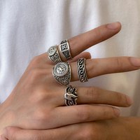 5Pcs/Set Goth Totem Horse Flame Antique Silver Color Rings for Men Unisex Punk Carved Knuckle Male Jewelry Accessories Steampunk