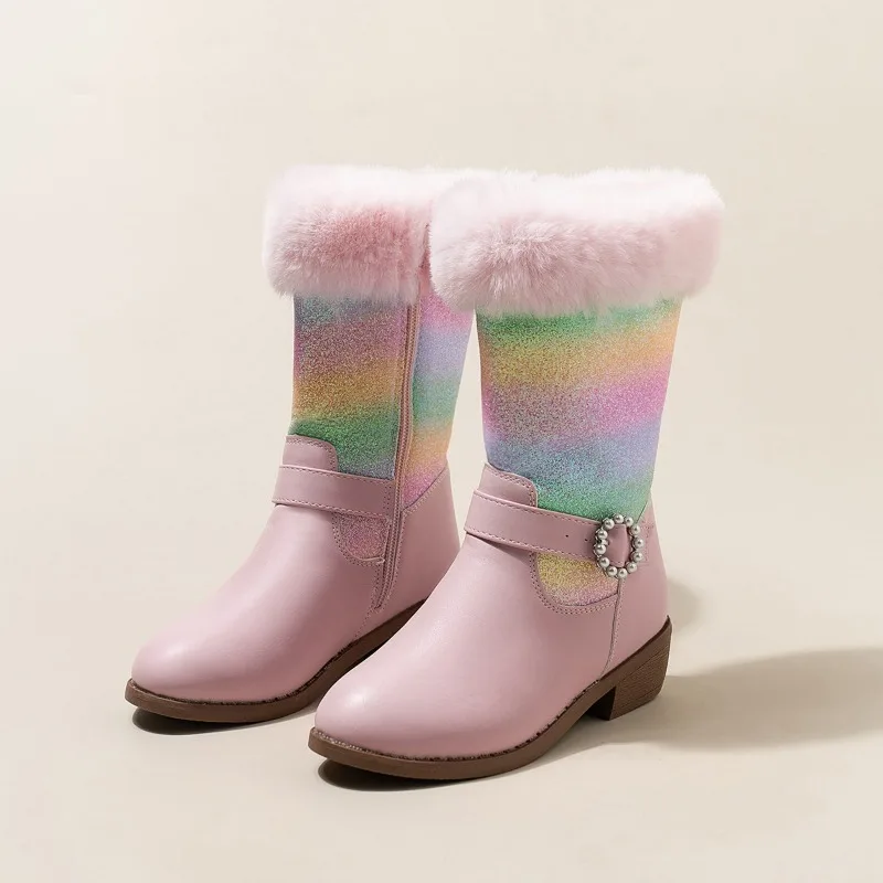 

2025 New Autumn Winter Warm Girls Rainbow Princess Fashion Children Pink Boots Knee Length Boots Plush Fur Girls Shoes