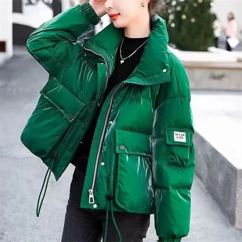 Green Glossy No wash Down cotton Short Jacket For women Winter 2026 New Loose Stand collar Thick Coat Female Short Parka jackets