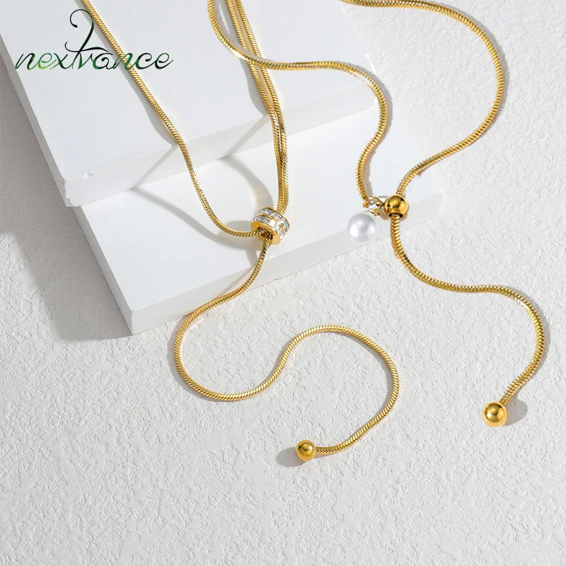 Nextvance Korean Adjustable Necklace Simple Pull-out Pearl Zircon Stainless Steel Snake Chain for Women Jewelry Dropshipping