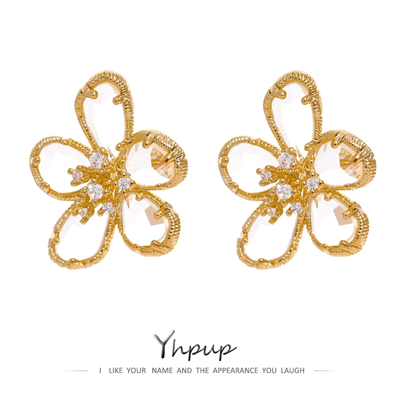 Yhpup Shiny Cubic Zirconia Flower Stud Earrings Exquisite Trendy Copper 14 K Plated Women Earrings украшения бижутерия Gift