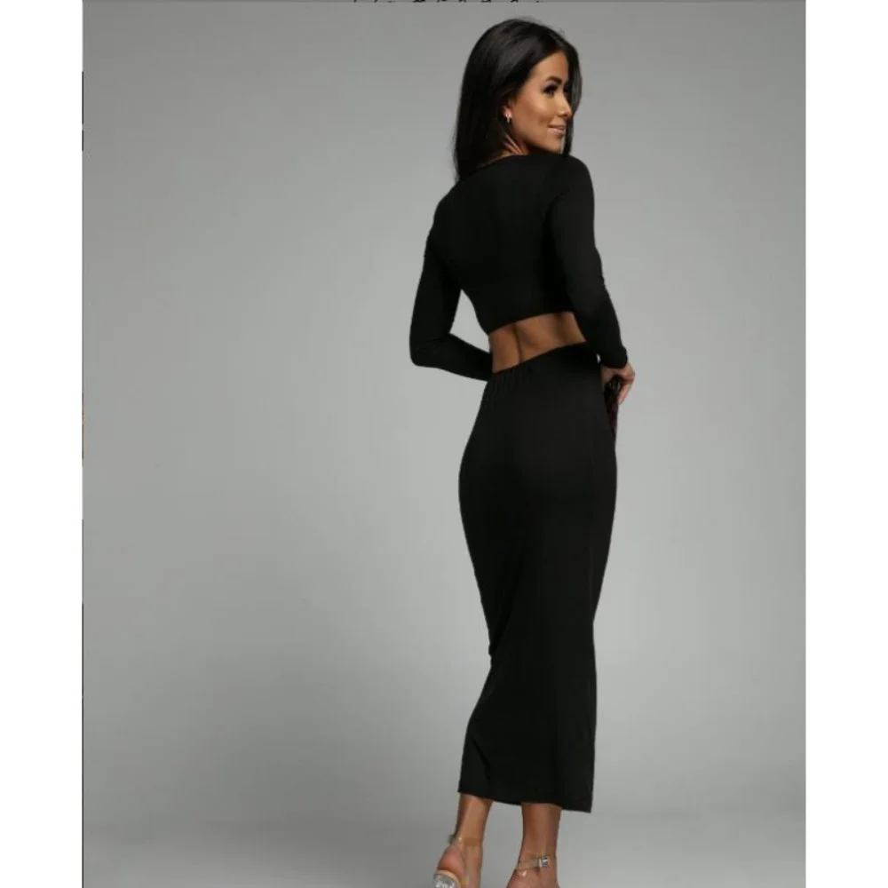 Figurbetontes Kleid für Damen, sexy, hohl, langärmelig, modisch, O-Ausschnitt, hohe Streeet-lange Vestidos, 2025, Party-Abendkleider, Onkogene