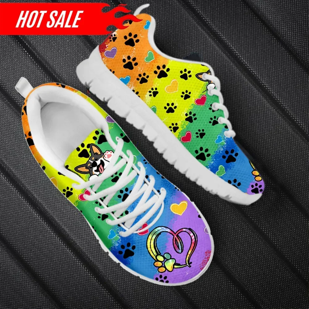 

New Arrivals Women Mesh Sneakers Rainbow Gradient Welsh Corgi Cartoon Pattern Flat Shoes for Dog Lovers Zapatillas