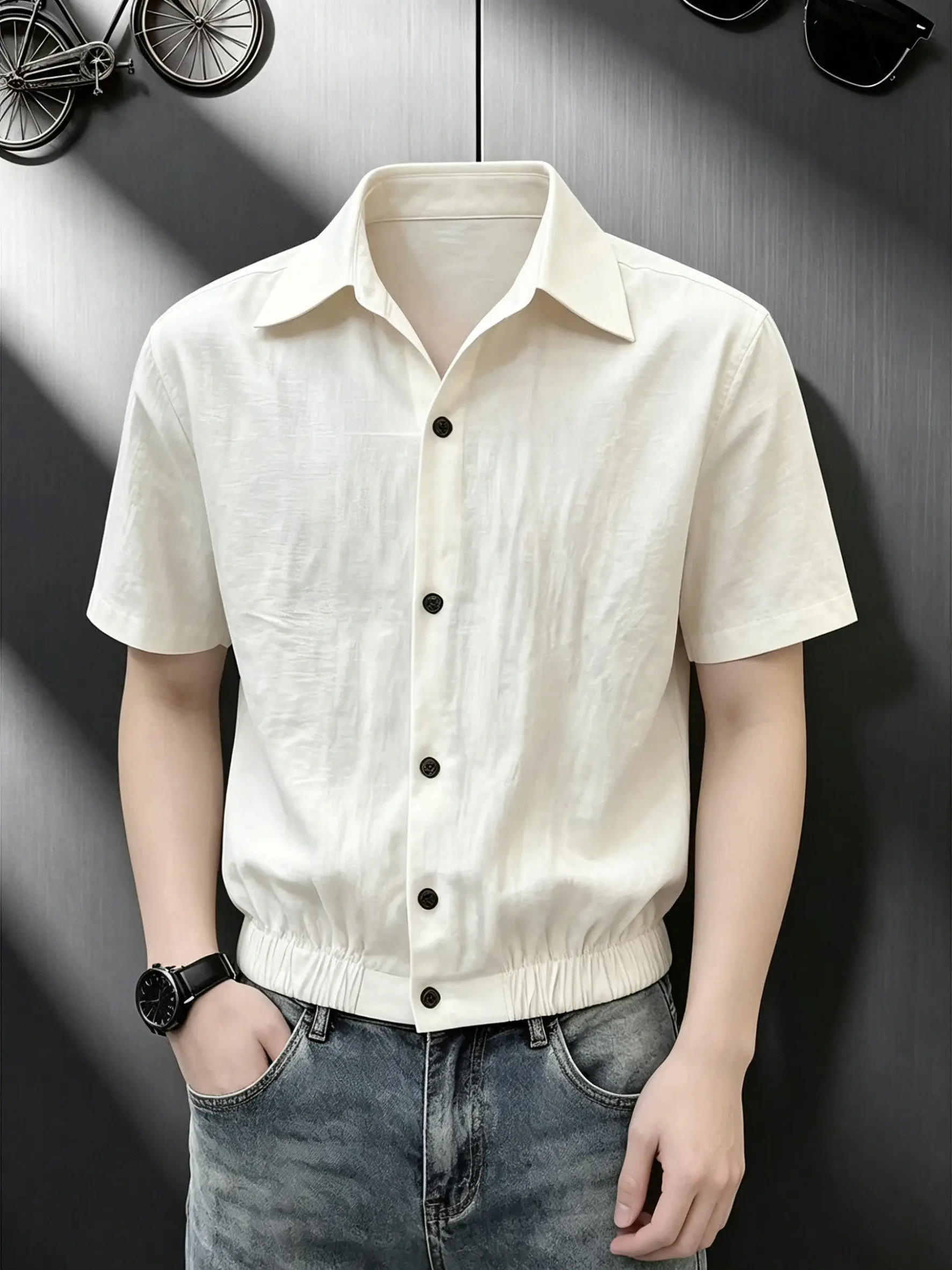 Lightweight Sun Protection Men's Short Sleeve Shirt Beige Linen Feel Quick Dry Casual Style Thin Outerwear Summer Fashion