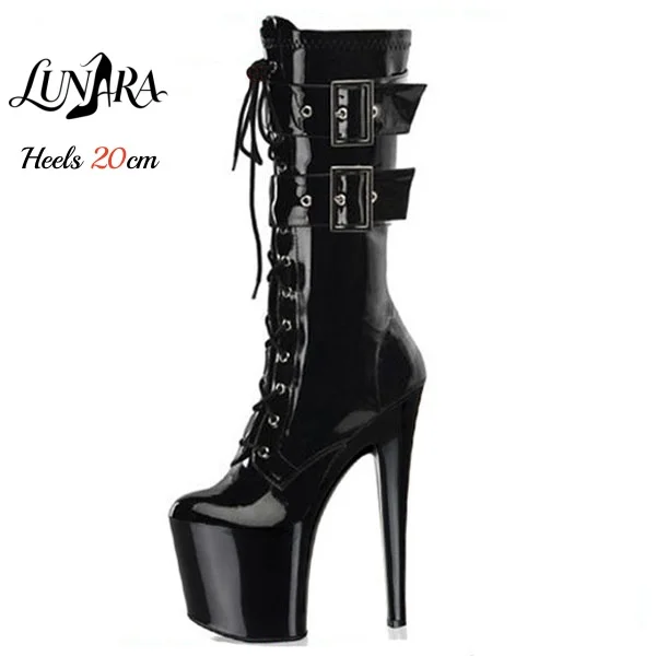 Ladies 20cm/8Inch Black Patent Lace-up Zipper Buckle Platform Stiletto Mid-calf Boot Runway Stripper Pole dance Nightclub Rave