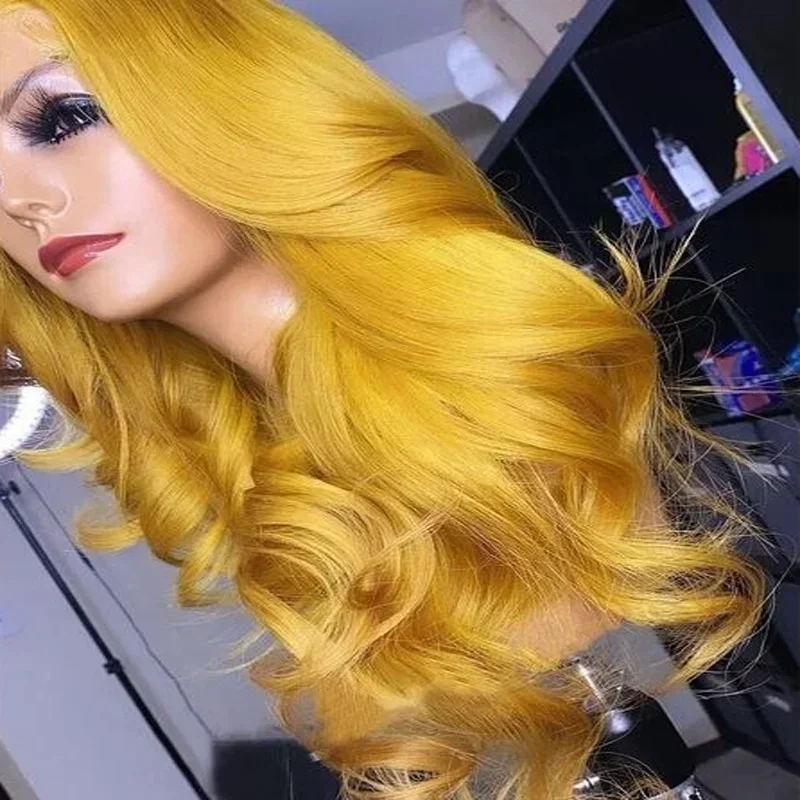 شعر مستعار ناعم أصفر مموج 26 بوصة بدون صمغ 180 كثافة طويل عميق باروكة أمامية من الدانتيل للنساء مع شعر أطفال مقطوف مسبقًا يوميًا