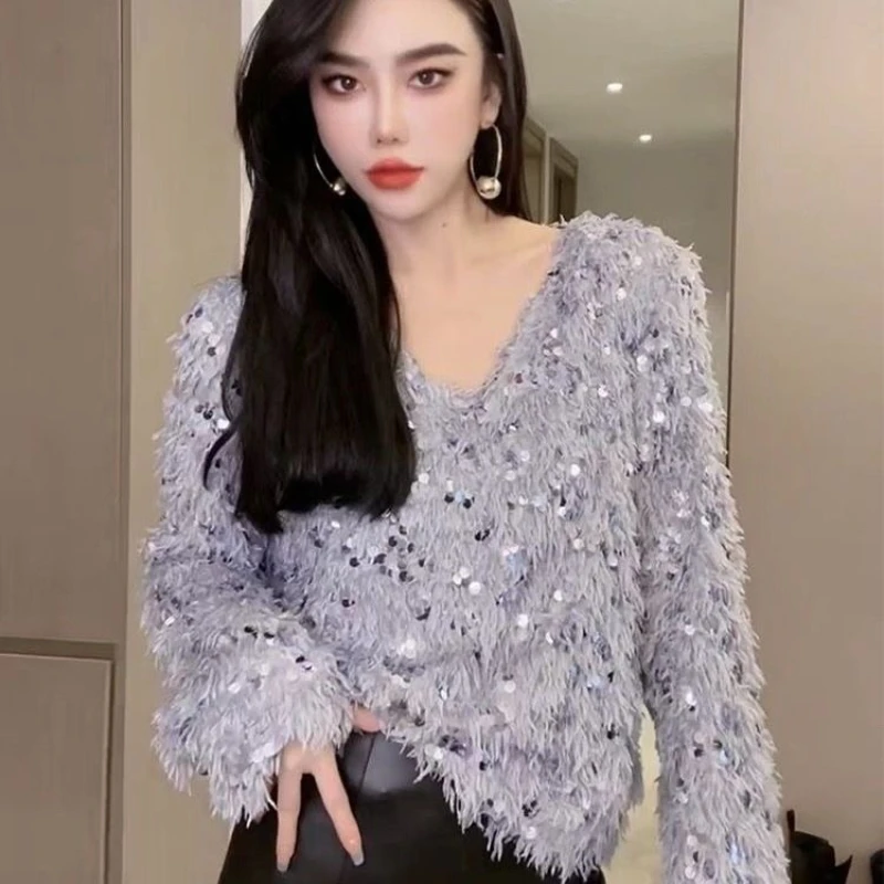 High End Sequined Feather Sweater for Women Spring Autumn and Winter New Design Sense Niche Super Beautiful Little Shirt Top