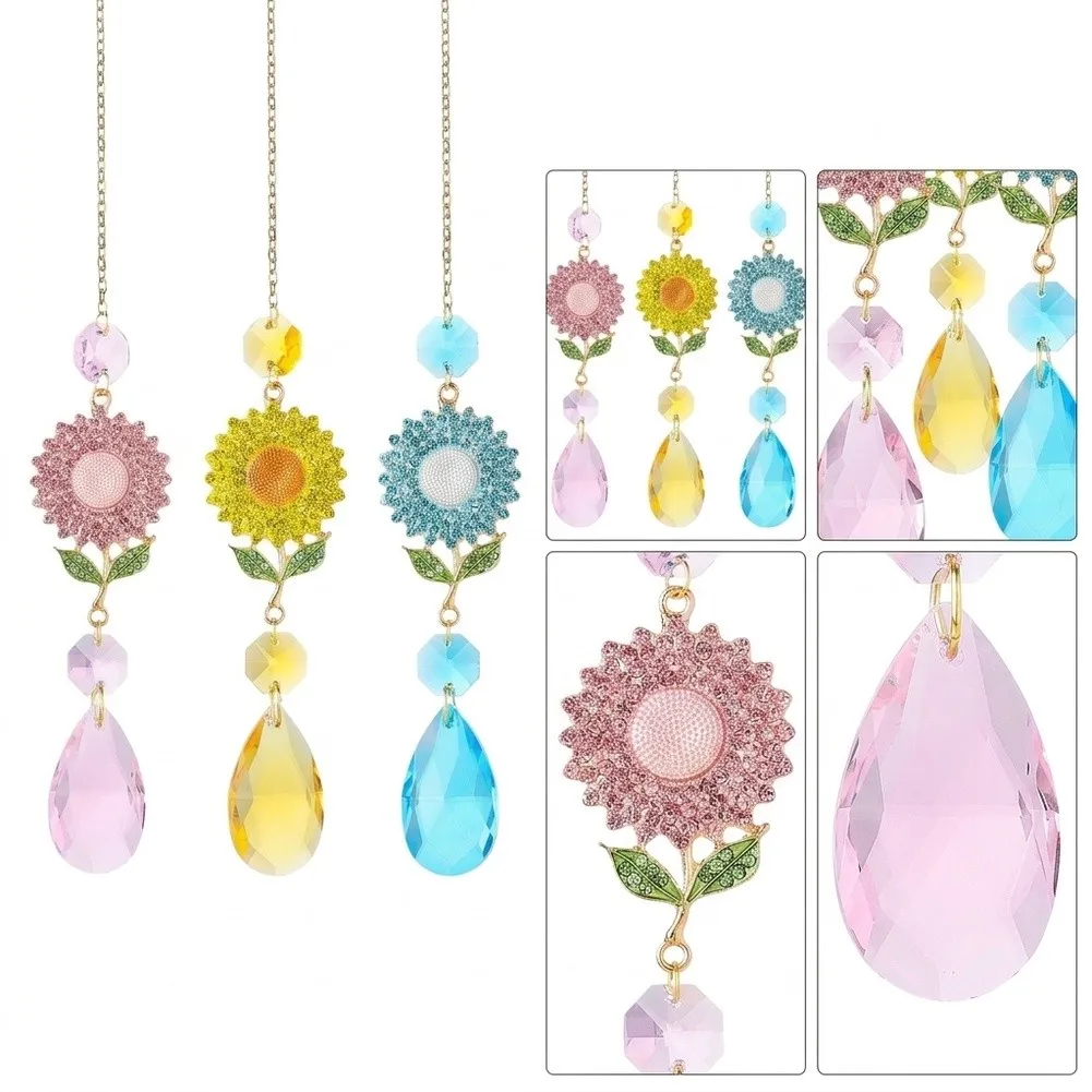 3Pcs Sunflower Gemstone Sun Catchers with Faceted Octagonal Beads for Home Window Car Mirror Garden Decoration
