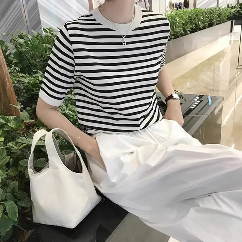 Classic summer thin black and white striped ice silk short-sleeved knitwear women loose slimming large size half-sleeved T-shirt