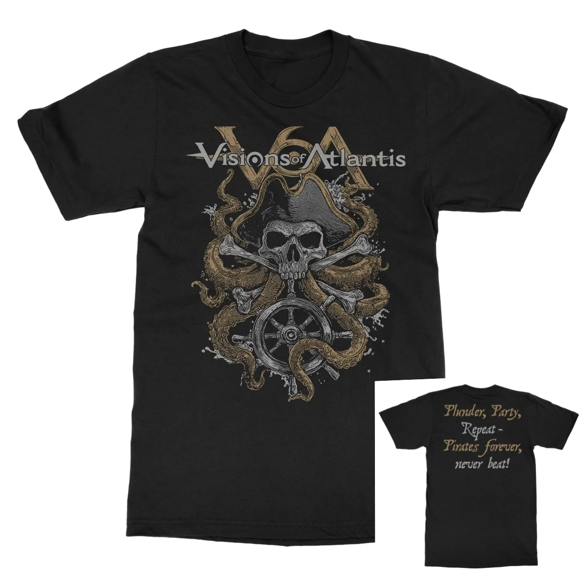 Visions of Atlantis Band Double Sided T Shirt, Pirate Skull Octopus Tentacle Ship Wheel Vintage Sketch Pirate Slogan