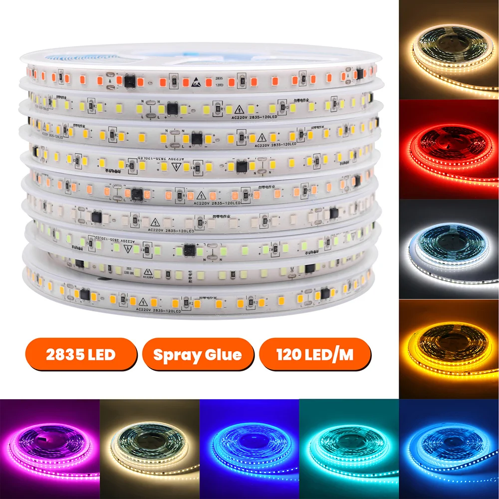 

220V 2835 5m 10m 20m 50m LED Strip Light 230V 240V AC IP55 120 LEDs Flexible Ribbon Rope Lights Tape 9 Colors Home Decoration