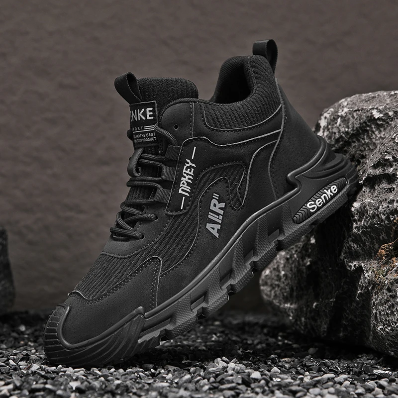 Men Lace‑up Mid‑top Outdoor Sneakers Knit Sock Collar Stitched Upper Durable Anti‑slip Thick Rubber Sole Casual Footwear