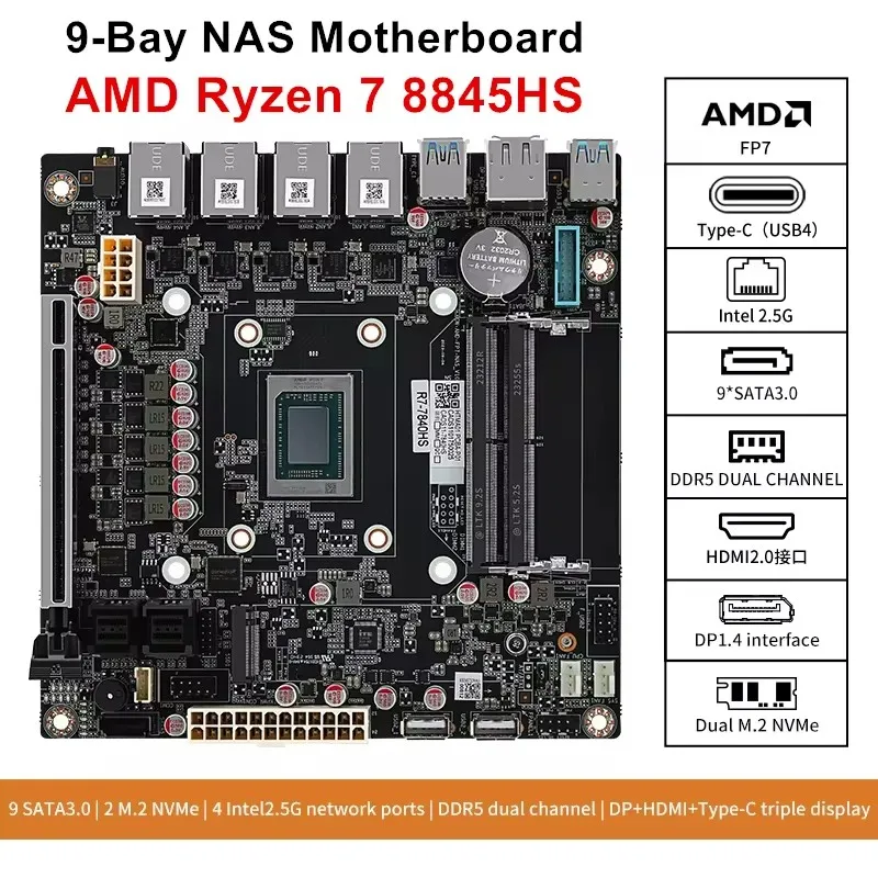 4xi226-v 2.5g Lan 9-bay Nas Motherboard 7 8845hs Usb4 9xsata3.0 2xm.2 Nvme Pcie X16 2xddr5 Mini Itx Firewall Mainboard