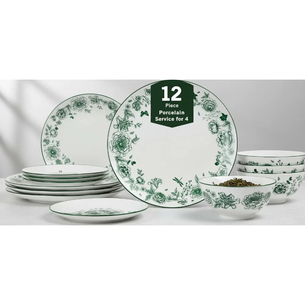 

12-Piece Porcelain Dinnerware Set for 4, Microwave & Dishwasher Safe, Green Floral Design