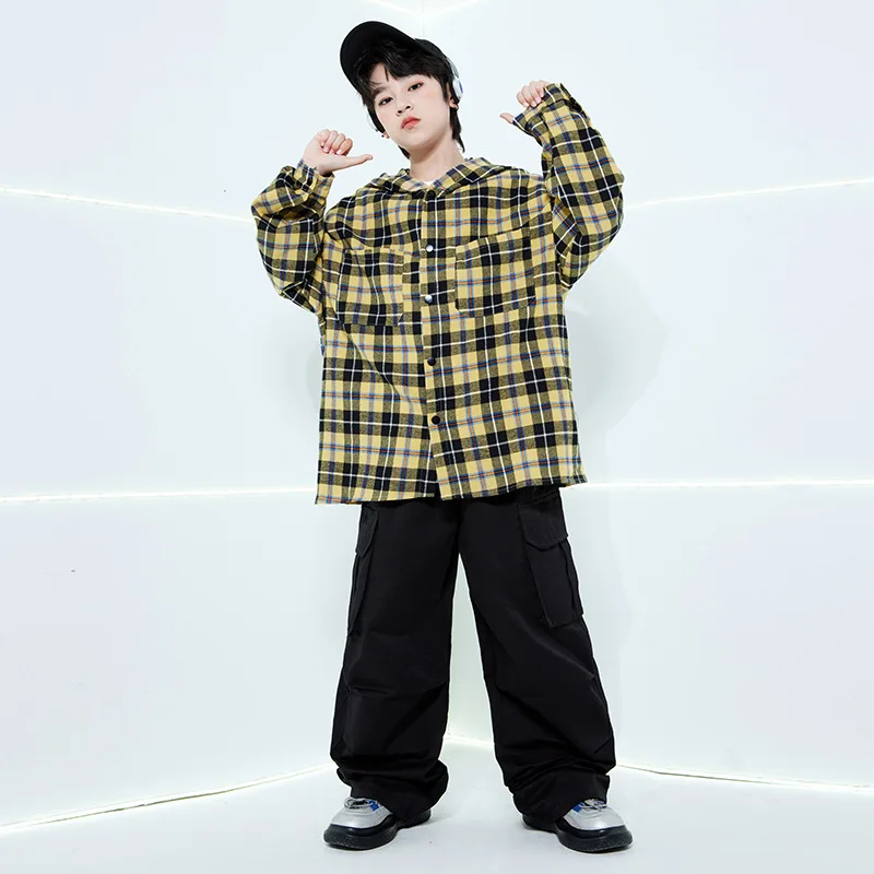 Neue Jazz Dance Kleidung Mädchen Hip Hop Kostüm Lose Kariertes Hemd Schwarze Hosen Jungen Breaking Street Dance Outfit Lange Ärmel Anzug