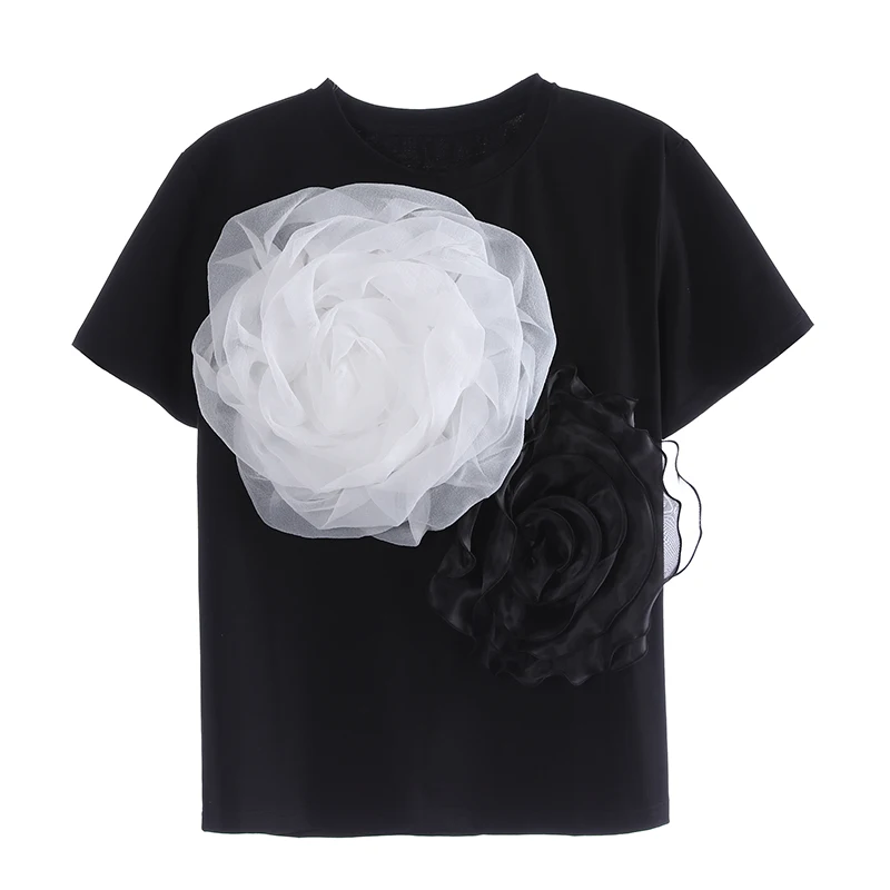 

Fashion Color Contrast Organza Three-Dimensional Large Flower Decorative Round Neck Short Sleeve T-shirt Women's Summer Top