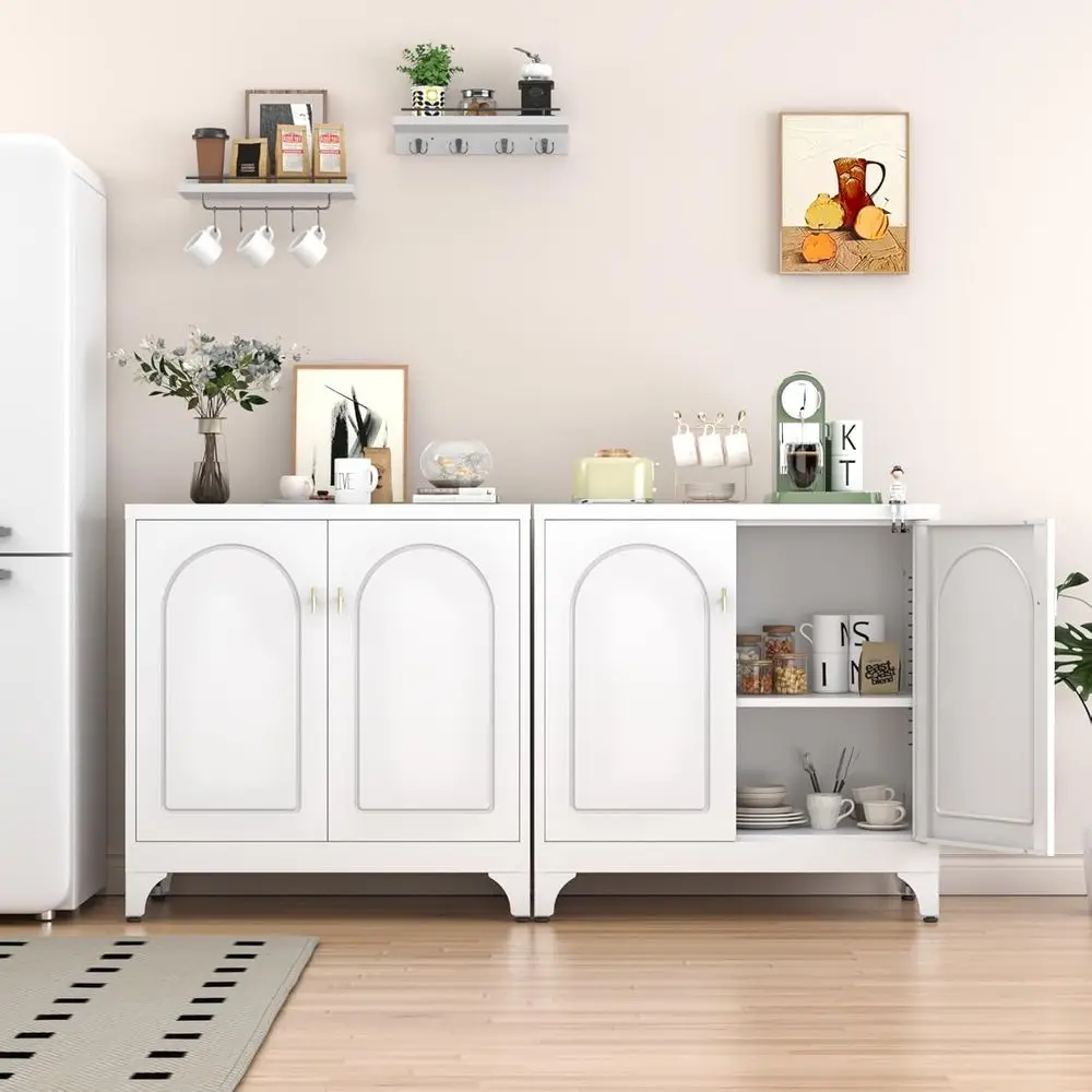 

33 Inch White Metal Sideboard Buffet Cabinet, Coffee Bar with Adjustable Shelf for Kitchen Dining Room Living Room