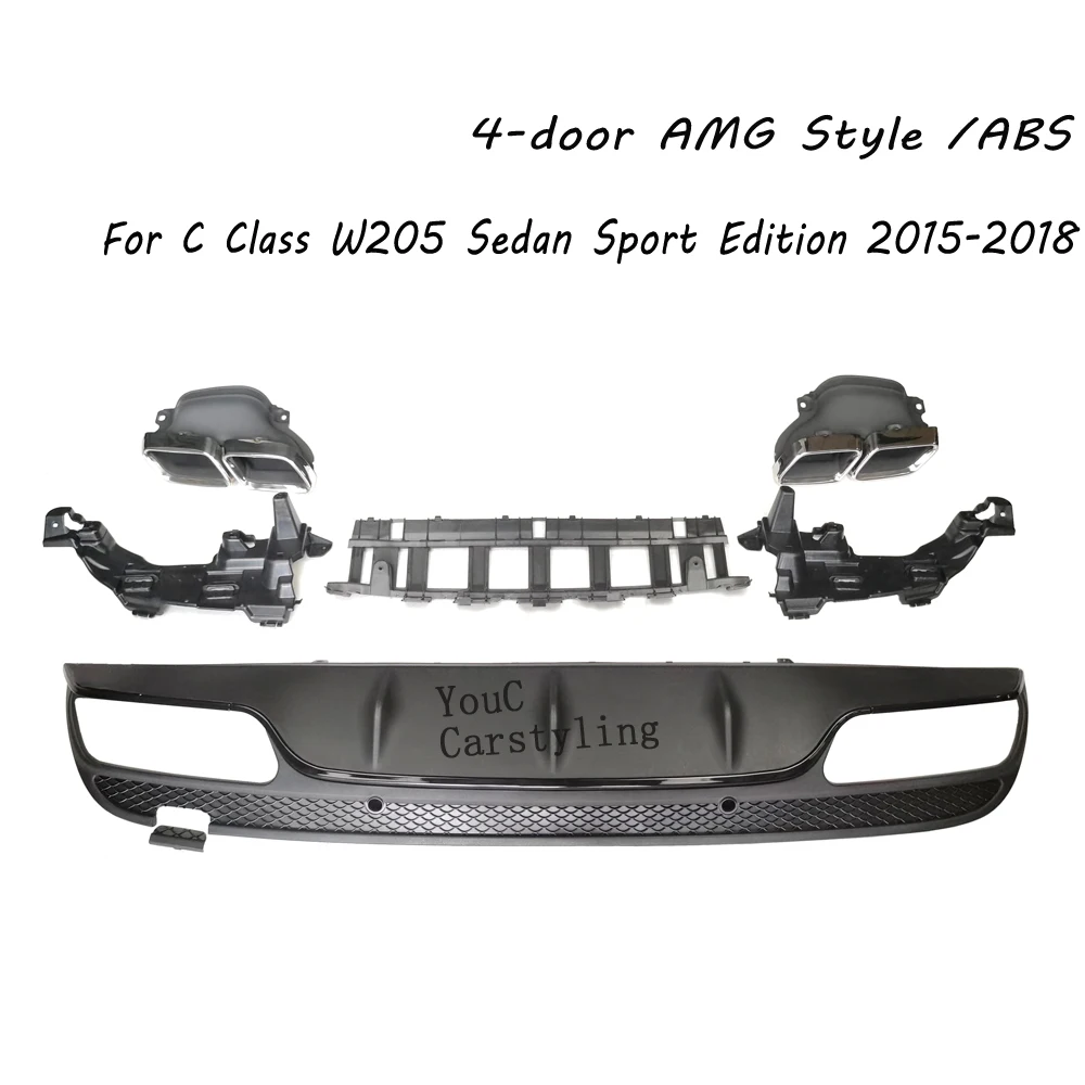 W205 AMG Style Rear Diffuser With 304 Stainless Steel 4-outlet Exhaust  For Mercedes C W205 4-Door Sport Sedan 2015-2018