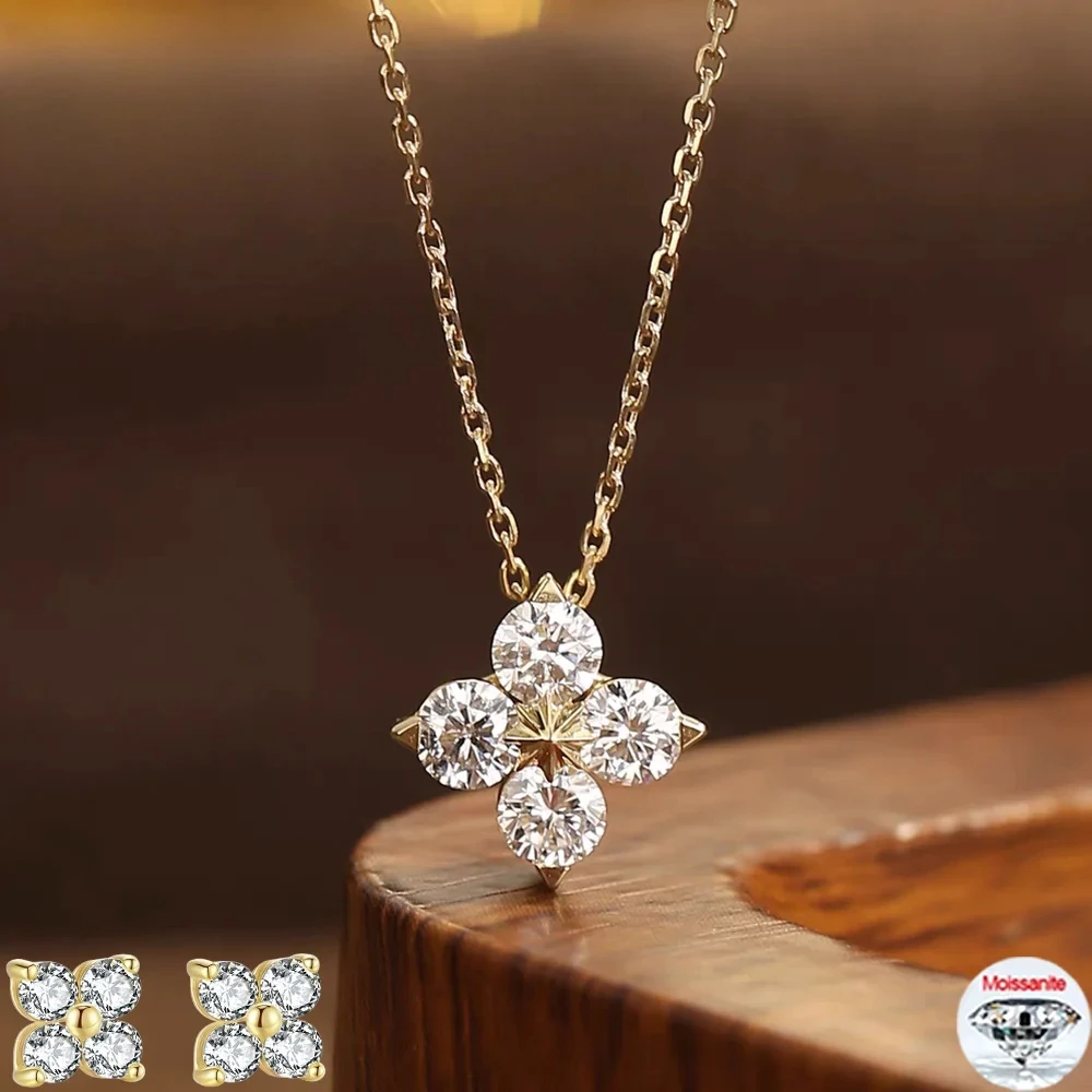 D VVS1 Moissanite Clover Leaf Pandent Necklace/Earrings For Women Lab Diamond S925 Silver 18K Gold Party Fine Jewelry Gift