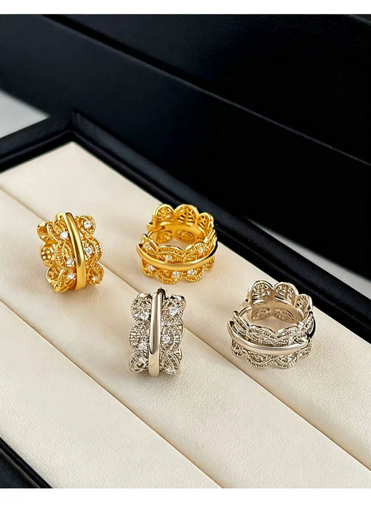 Luxuriöse Spitzen-Filigran-Ohrringe in Goldfarbe mit eingelegten CZ-Steinen, hohle florale Ohrclips für Damen, elegantes Schmuckgeschenk. – Detail 16