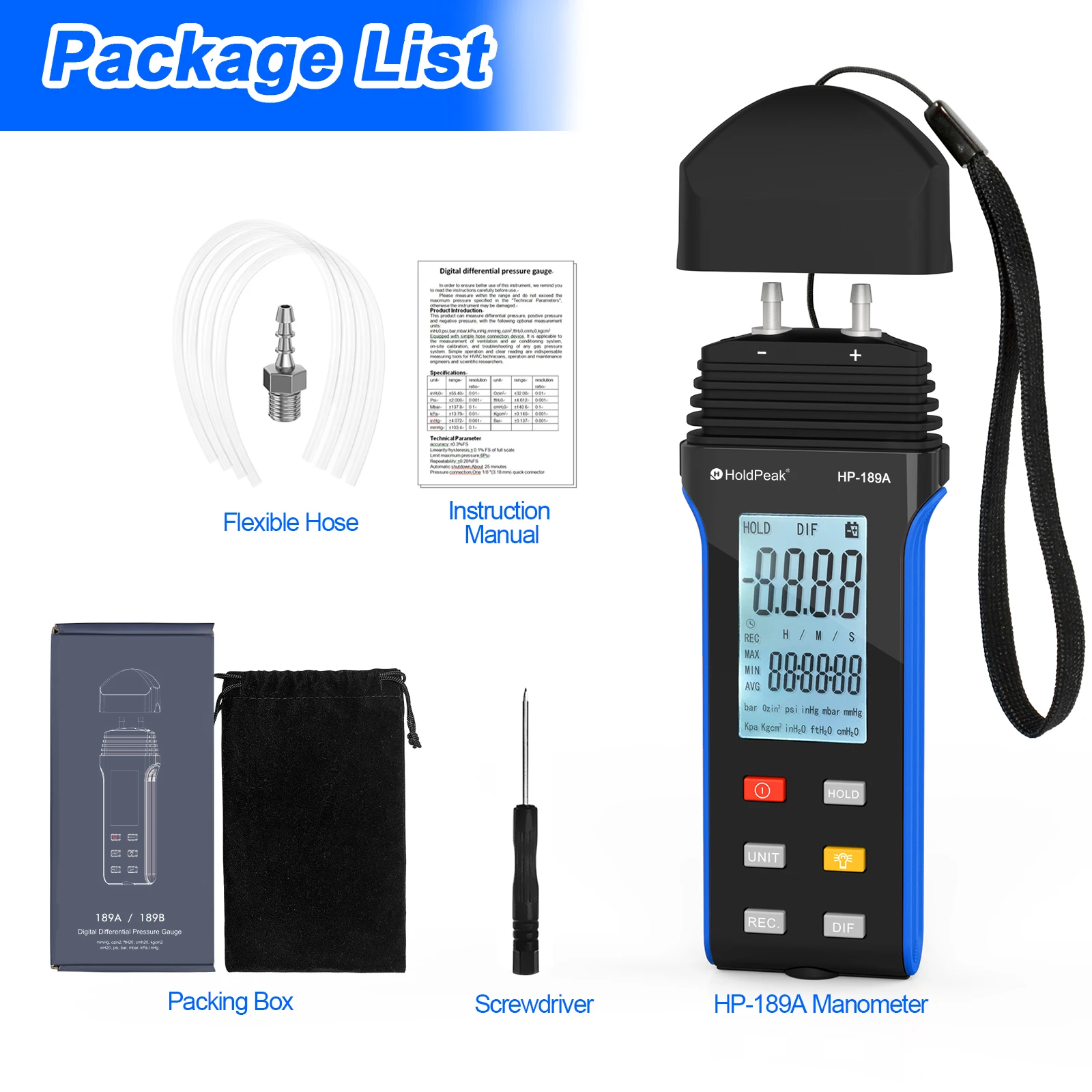 HP-189A Digital Manometer Dual-Port Manometer Gas Pressure Tester LCD Display With Backlight for any gas pressure system trouble