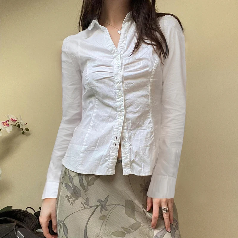 IAMHOTTY Chic Button-up Shirt White Slim-fitting Back Tie-up Waist Blouses High Street Casual Basic Button-up Tops Streetwear