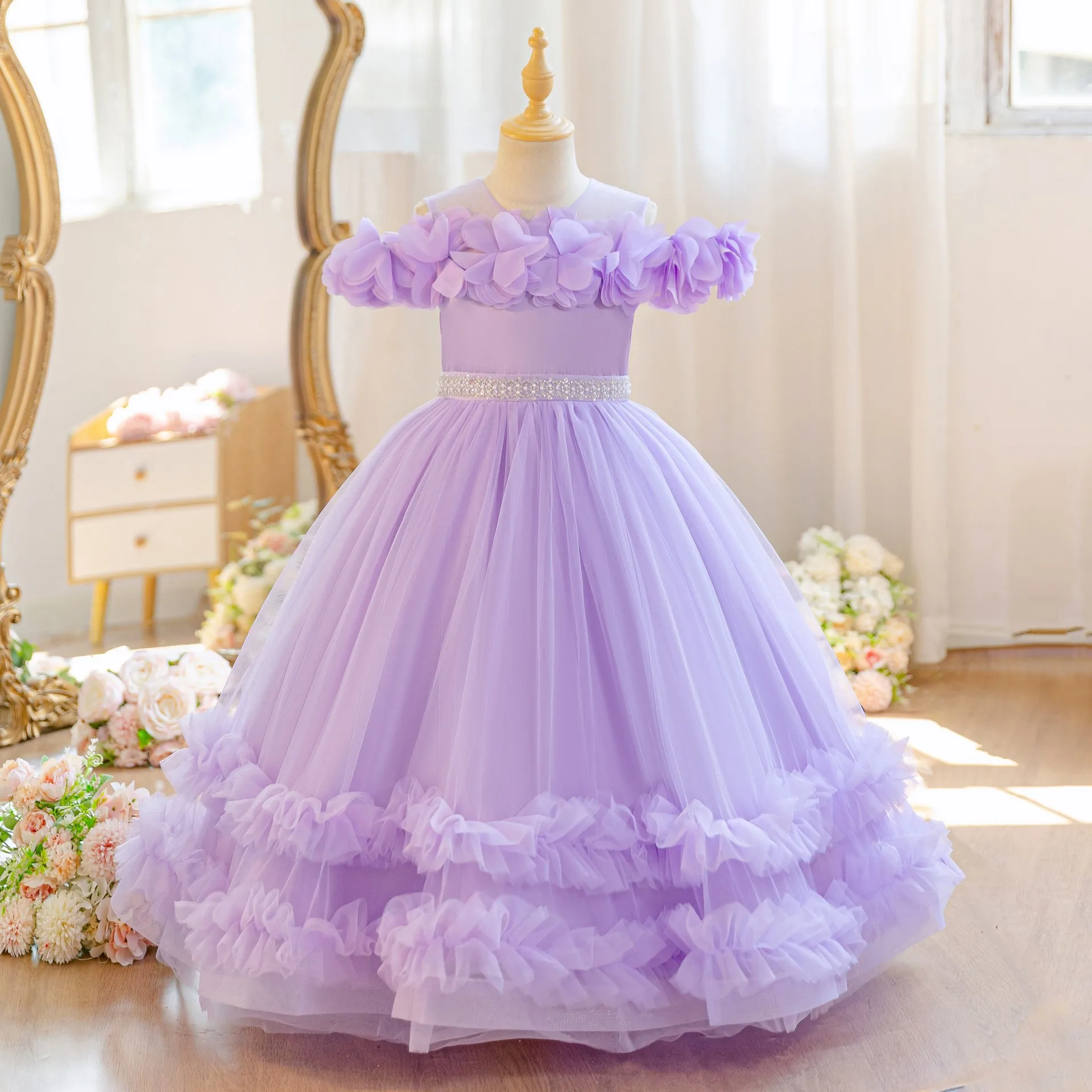 HETISO Elegant Flower Dress for Kids Girls Tutu Long Wedding Piano Performance Birthday Party Prom Gown 4-12 Years