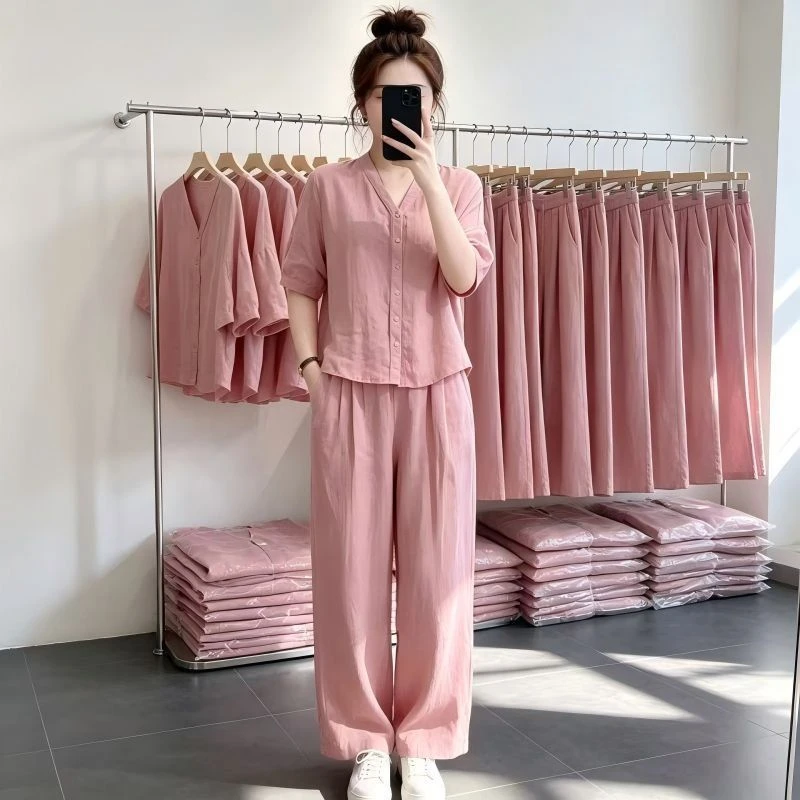 Fashionable Casual V-Neck Shirt And Wide Leg Pants Two-Piece Set for Women Breathable Polyester Blend Summer Outfit image 5